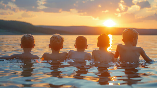 Group of five young boys looking at the sunset, submerged in the shallow lake, huddle close together.
