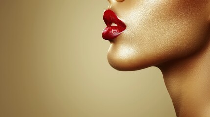 Close-up of a glamorous side profile of a woman's lower face with red lips on golden skin.