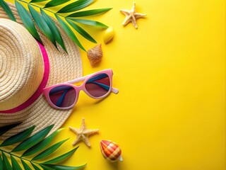 Vibrant summer flat lay on yellow paper features colorful beach accessories, trendy sunglasses, and a stylish hat, perfect for tropical vacation-themed designs and text overlays.