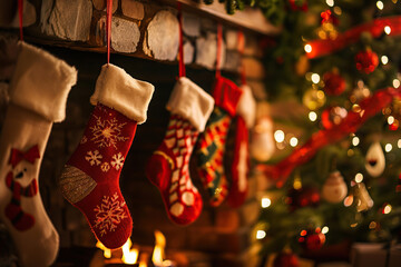 Christmas greeting card with bright winter holiday socks and New Year background