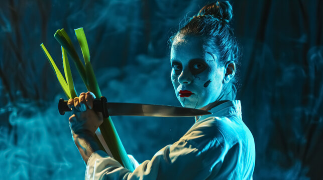 Young Female Mime Artist with Knife and Leeks Performing Martial Arts Pose: A young female 