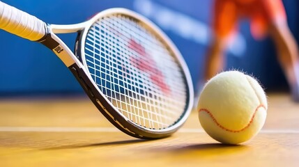 A close-up of a tennis racket and ball on a court, capturing the essence of the sport and its dynamic movement.