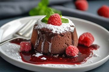 A velvety chocolate souffl&eacute; is elegantly drizzled with raspberry coulis, creating a tangy and sweet fusion with the rich chocolate dessert.
