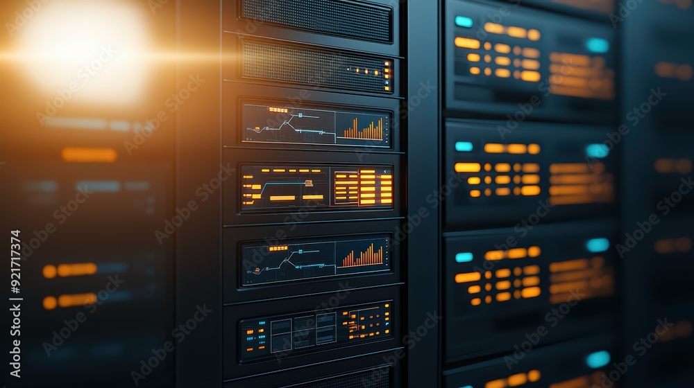 Poster a close-up view of server racks showcasing technology with illuminated indicators and data displays,