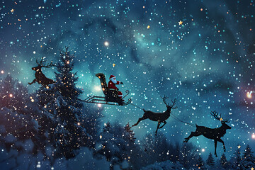 Christmas greeting card with bright winter holiday Santa and New Year background