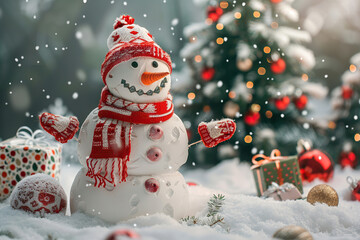 Fototapeta premium Christmas greeting card with bright winter holiday snowman and New Year background