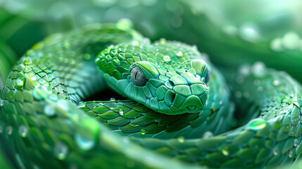 Fototapeta premium The symbol of the Chinese New Year 2025. The green snake is curled up, with droplets of water on its back. The snake is in a relaxed and peaceful state. The snake is a symbol of wisdom