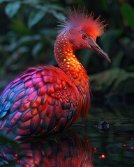 Naklejka premium Vibrant red bird with iridescent feathers standing in water.