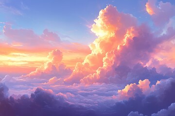 Fototapeta premium A stunning display of nature’s beauty, this image captures a mesmerizing sunset sky filled with soft, fluffy clouds in vibrant shades of orange, pink, and purple.