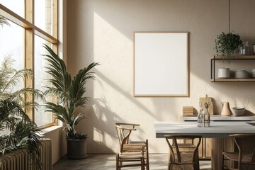 Fototapeta premium Minimalist Kitchen interior with Poster Mockup created with Generative AI