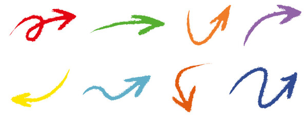 Chalk scribble brush arrow set. Crayon handwritten arrow elements. Vector hand drawn scribble crayon, marker color brush texture. Rough chalk vector illustration isolated on white background.