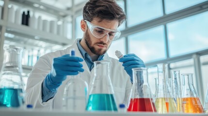 A focused scientist carefully analyzing chemical reactions in a laboratory filled with colorful test tubes and beakers.