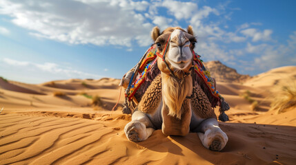  A camel in the desert sits on the sand under a bright sky, surrounded by colorful tents and enjoying a peaceful morning