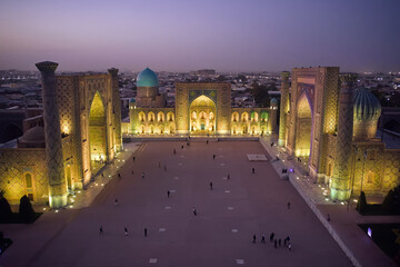 Aerial view of Registan Square in Samarkand Uzbekistan at evening 