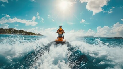 Person riding jet ski on the ocean at sunset generated with AI