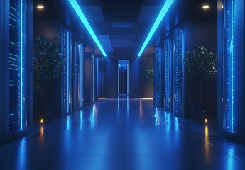 A long, narrow corridor in a server room with blue neon lights and rows of server racks.