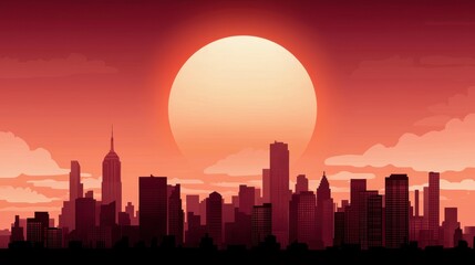 Fototapeta premium A vibrant city skyline silhouette against a dramatic sunset, showcasing urban architecture in a warm, atmospheric glow.