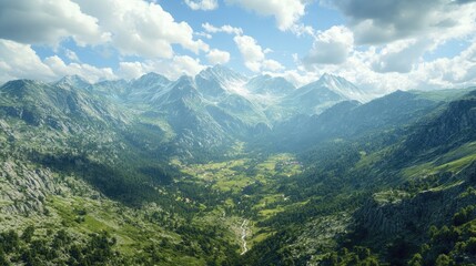 Naklejka premium Bird's-eye view of a mountain valley in spring, with open sky for text or logos