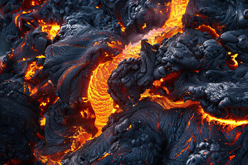 Generative ai on theme of erupting volcano with cascading hot lava surrounded thick white smoke