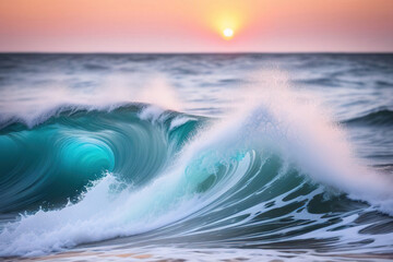 A powerful ocean wave breaking at sunset, creating a mesmerizing swirl of turquoise and white.
