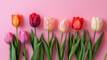 Fototapeta premium Fresh spring tulips arranged on a pastel-colored background, with ample copy space on the side.