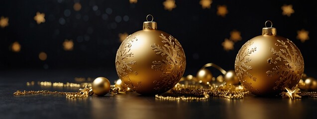 Golden snowflakes, gifts, christmas balls and stars on dark background