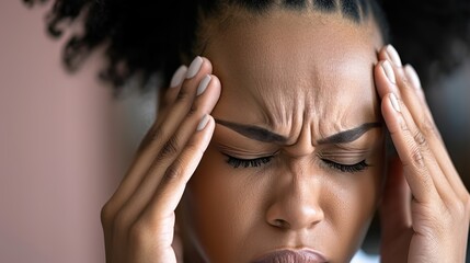 Fototapeta premium Afro woman enduring a severe headache. Her eyes closed and brow furrowed, fingertips gently pressing against her temples, gesture of pain and discomfort.
