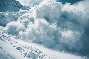Generative ai on theme of descent of an huge avalanche from the mountain, winter nature landscape
