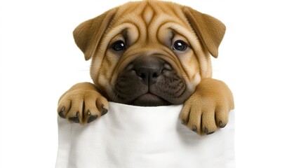 Obraz premium Shar Pei Dog Isolated on White Background: Cute and Dreamy Front View with Paws Hanging from Pocket