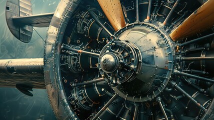 Closeup view of an aircraft jet engine generated with AI