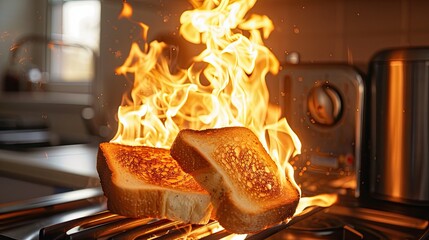 Two slices of bread engulfed in flames, representing a kitchen mishap with a toaster, highlighting the dangers of unattended cooking.
