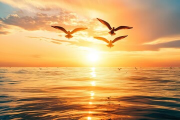 Naklejka premium A picturesque sunset over the ocean, with birds soaring gracefully in the sky, creating a serene and tranquil atmosphere.