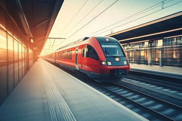 Naklejka premium A red train speeds through a modern train station, leaving behind a blur of motion.