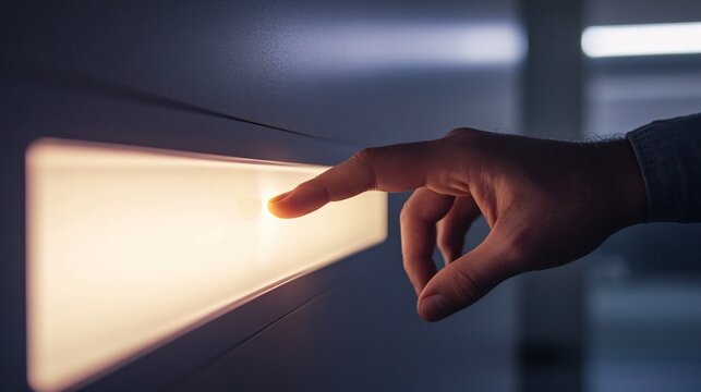 A modern electronic light dimmer being adjusted by a hand with a clear display of light levels on the touch screen