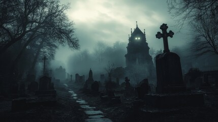 Fototapeta premium Haunting Nighttime Scene in a Foggy Graveyard 