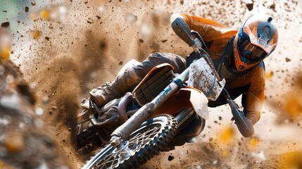 Dirt biker speeding through rocky desert terrain kicking dust generated with AI