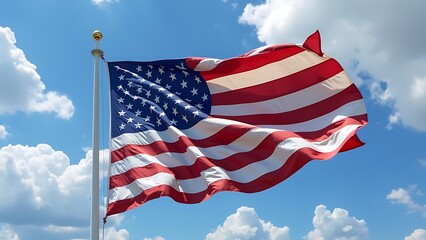 A vibrant United States flag waves against a partly cloudy sky, symbolizing American patriotism and national pride.