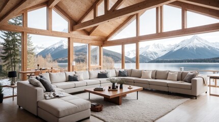 Comfortable modern lounge with panoramic mountain and lake views visible through wide windows 