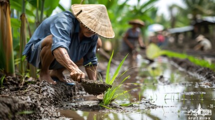 Farmer Planting Rice Seedlings in a Paddy Field