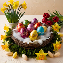 easter still life with eggs and flowers