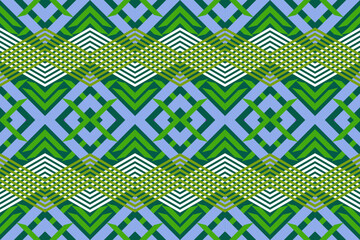 Green and Blue Tribal Pattern with Zigzag and Diamond Motifs
