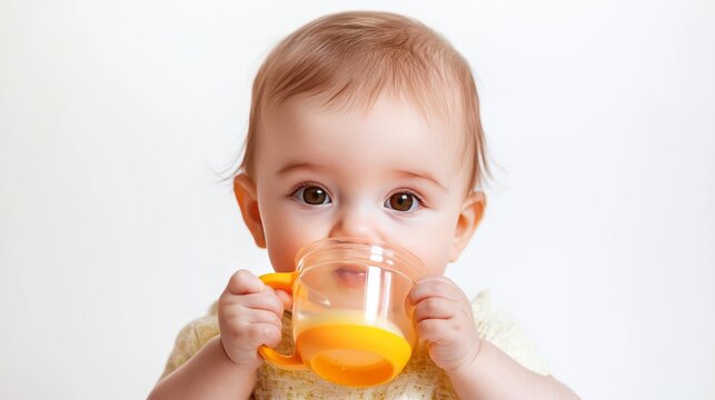 Baby is holding a sippy cup, isolated white background