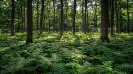 Sunlight Filtering Through a Fern-Filled Forest