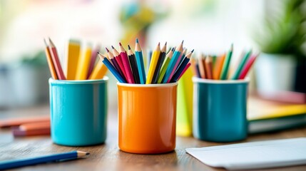 Colorful Pencils in Ceramic Holders on Wooden Desk.