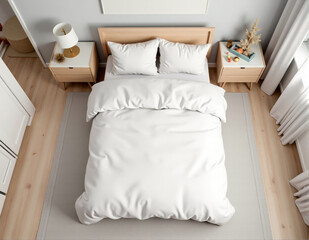 Minimalist Bedroom with White Comforter and Wooden Furniture in Soft Natural Light
