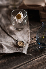 daisy in a blue vase, on a wooden background, a copper pocket watch, still life
