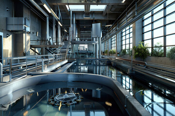 Obraz premium Generative ai on theme of hydroelectric power energy plant with large turbines and water spills