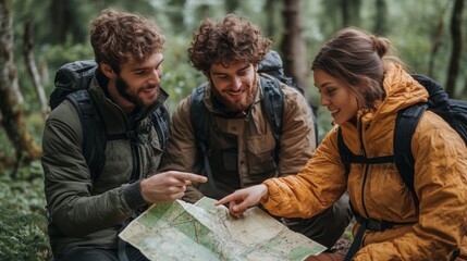 Friends gather outdoors for a picnic, discussing their route with a map in hand