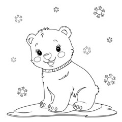 Coloring page of a cheerful, friendly polar bear on an ice floe, wrapped in a warm scarf. Vector contour hand drawing. 