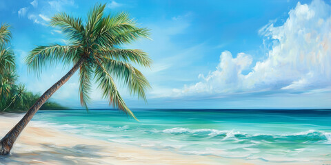 A beautifully painted beach scene featuring a lone palm tree against a vibrant blue sky and turquoise waters, evoking a sense of peace and tropical tranquility.